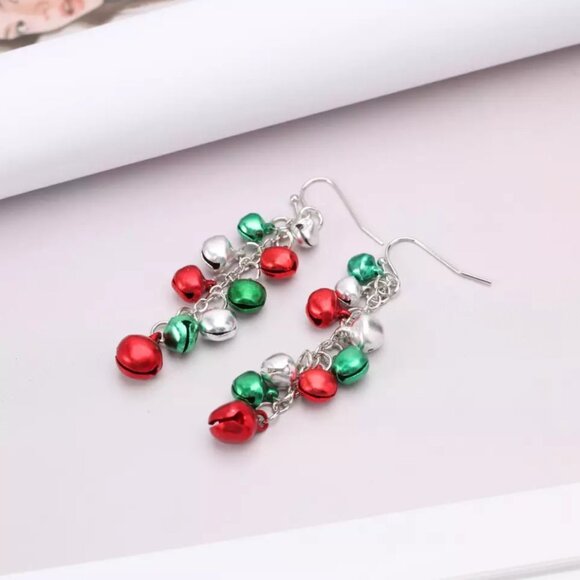 Christmas Jingle Bells Dangle Earrings, Make Noise - Green, Red, Silver Bells - Picture 9 of 9